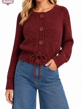 K12 Kenji Natural Size L Burgundy Wool Blend Tie Waist Button Cardigan